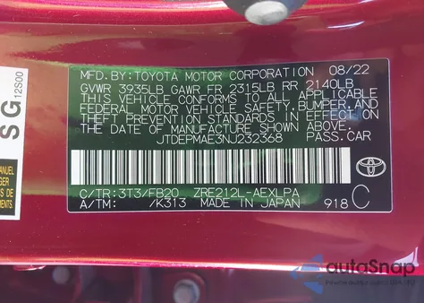 2022 Toyota Corolla Le from USA, damaged, VIN JTDEPMAE3NJ232368